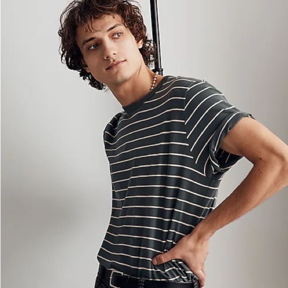 Madewell Allday Tee in Witherby Stripe Size Large Steel Green Stripe